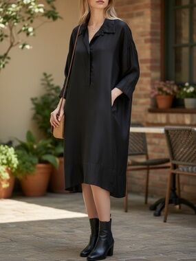 VINTAGE PURE DKNY BLACK SILK POPOVER MIDI LOOSE FIT A LINE SHIRT DRESS